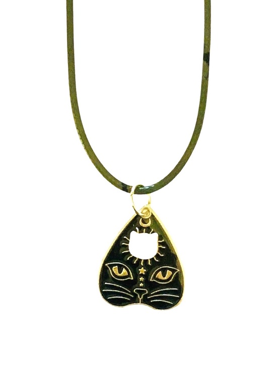 Alaska wild Rose designs Jewelry - Ouija Cat Mystical Planchett Pendant Necklace -Black and Silver